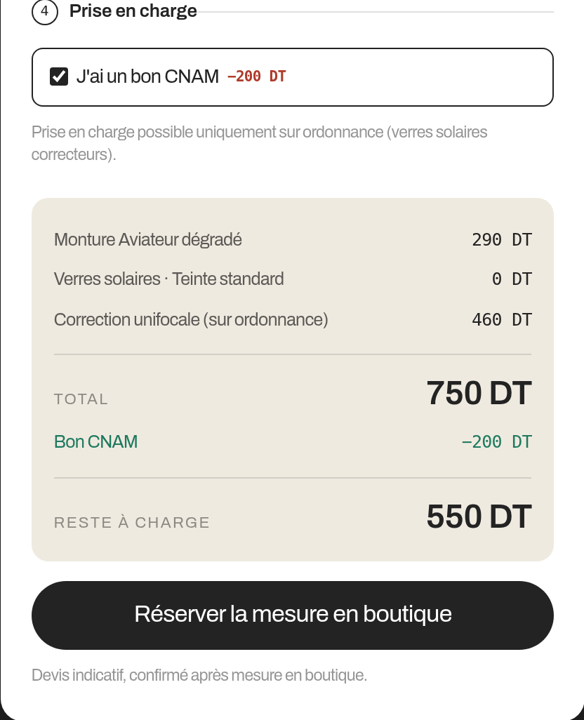 Le bas du devis de la cabine : monture à 290 DT, correction unifocale à 460 DT, total 750 DT, bon CNAM de 200 DT, reste à charge 550 DT